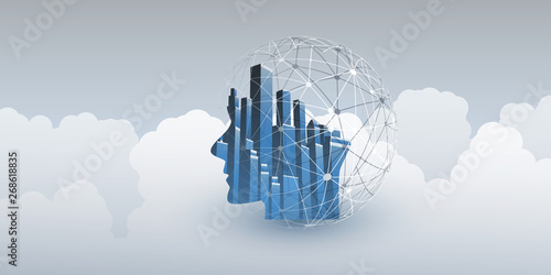 Smart City, Automated Digital Control, Deep Learning, Artificial Intelligence and Future Technology Concept Design with Network Connections, Cityscape and Human Head 