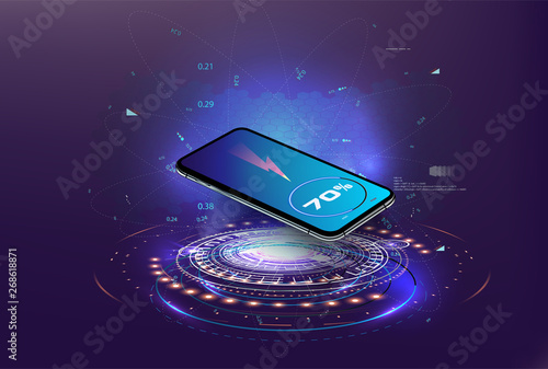 Wireless charging of the smartphone battery. Future concept. The progress of charging the battery of the phone.Wireless charging technology concept on blue background.