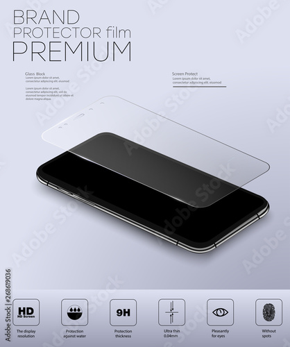 Screen Protector Glass. Vector illustration of transparent tempered glass shield for mobile phone.  Isolated vector illustration.