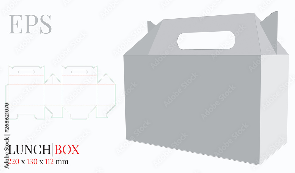 Lunch Box with Handle Template, Vector with die cut / laser cut layers