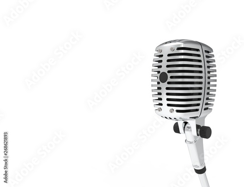 3D rendering of a classic metal chrome microphone isolated on white background