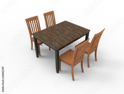 3D rendering of a wooden dinner table with 4 chairs