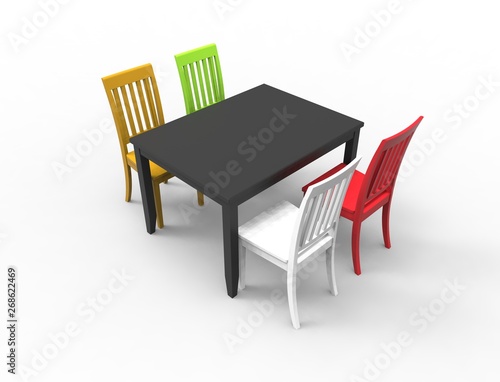 3D rendering of a dinner table with 4 colored chairs