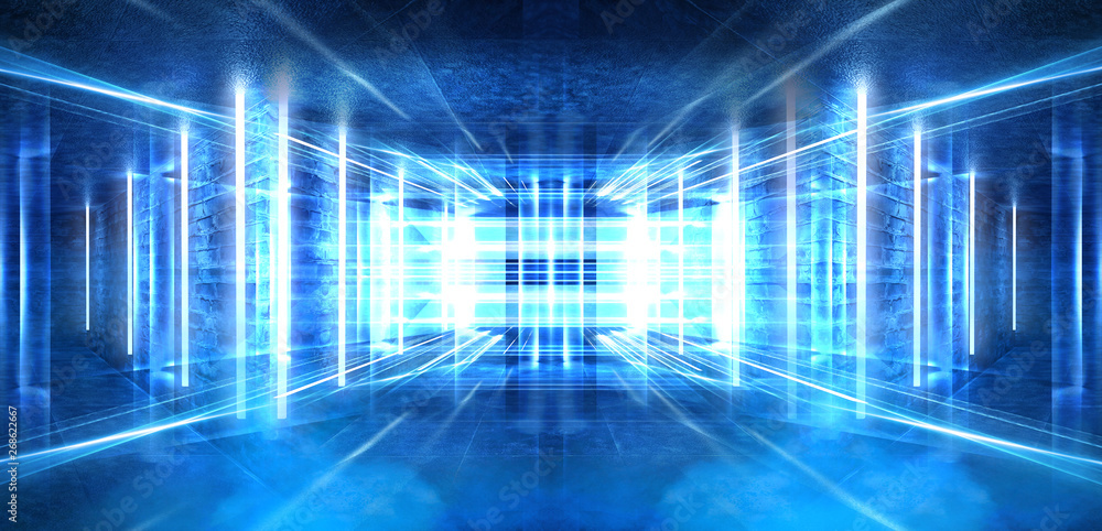 Dark tunnel, corridor. Neon light, reflection of light, lamps on the walls of brick, the old room, illuminated by floodlights. Abstraction with neon. Blue background with m lines and rays. Dark tunnel, corridor. Neon light, reflection of light, lamps on the walls of brick, the old room, illuminated by floodlights. Abstraction with neon. Blue background with m lines and rays.