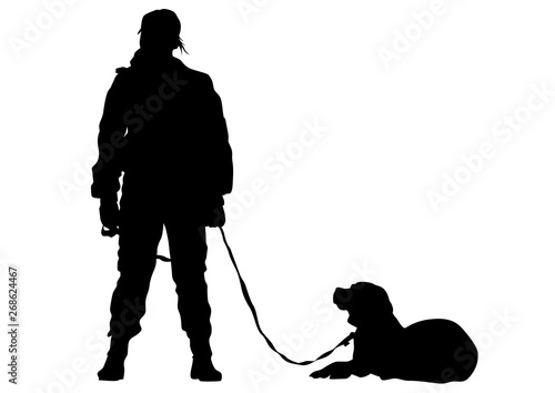 Woman in police uniform whit dog on white background