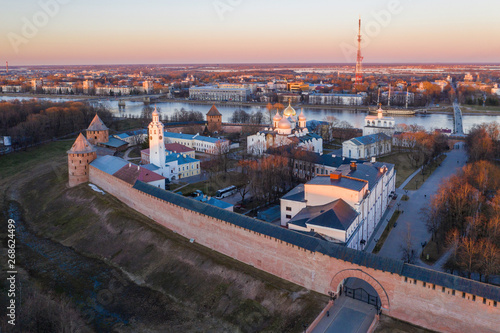 Veliky Novgorod, the ancient walls of the Kremlin and St. Sophia Cathedral.