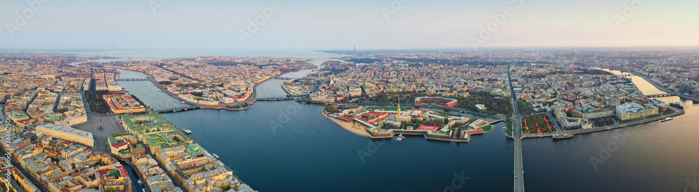 Panorama of the spit of Vasilyevsky island, Palace Square, the Hermitage, Peter and Paul Fortress and Petrograd Island.. Aerial view. The Neva river, St. Petersburg, Russia