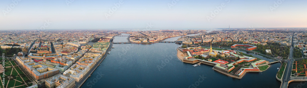 Panorama of the spit of Vasilyevsky island, Palace Square, the Hermitage, Peter and Paul Fortress and Petrograd Island.. Aerial view. The Neva river, St. Petersburg, Russia