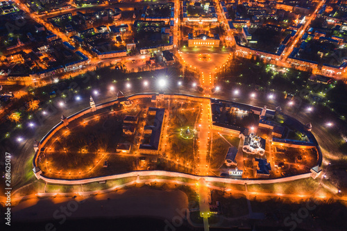 Night view from a bird's eye view of the city center Veliky Novgorod.