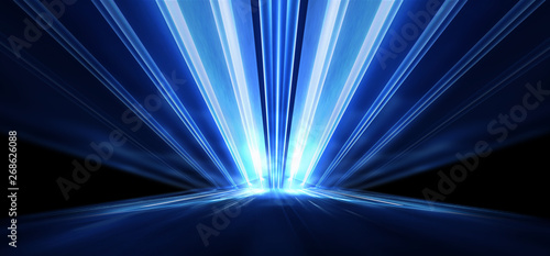 Dark empty abstract scene, rays of searchlights, neon blue light, highlights and lights. Night view of the scene, a tunnel with illumination. Dark background with spotlights.