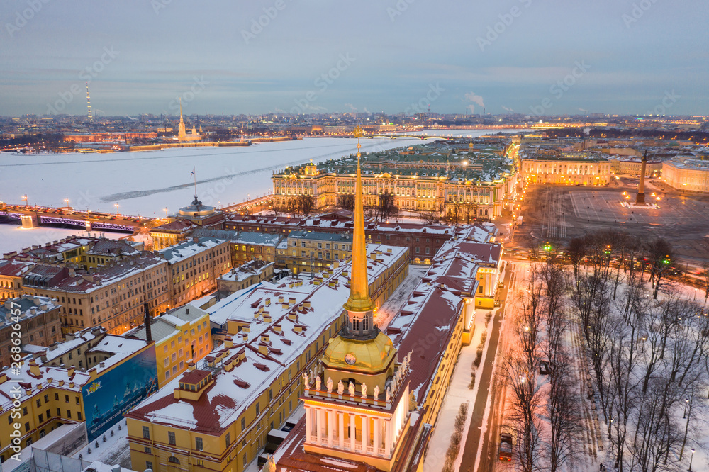 ST. PETERSBURG, RUSSIA - MARCH, 2019: Aerial view cityscape of city center, Palace square, State Hermitage museum (Winter Palace), Neva river, Peter and Paul Fortress