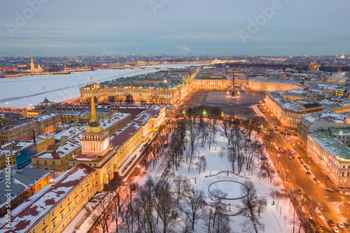 Aerial view cityscape of city center, Palace square, State Hermitage museum (Winter Palace), Neva river, Peter and Paul Fortress