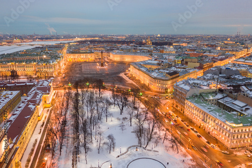 Aerial view cityscape of city center, Palace square, State Hermitage museum (Winter Palace)