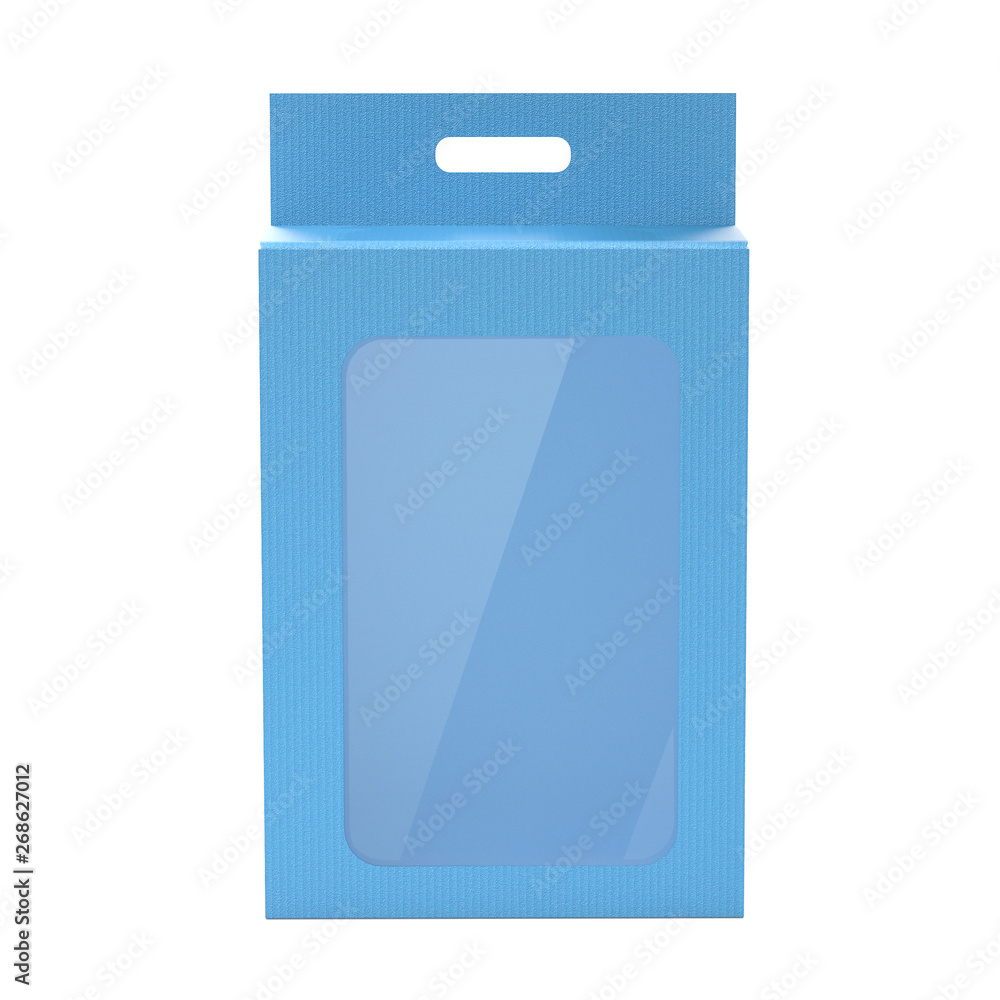 Box mock up. Blue display box with transparent window. 3d rendering illustration Box mock up. Blue display box with transparent window. 3d rendering illustration