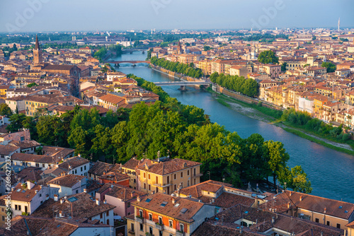 Verona. Image of Verona, Italy during summer sunrise. The famous tourist sight. Main observation deck.