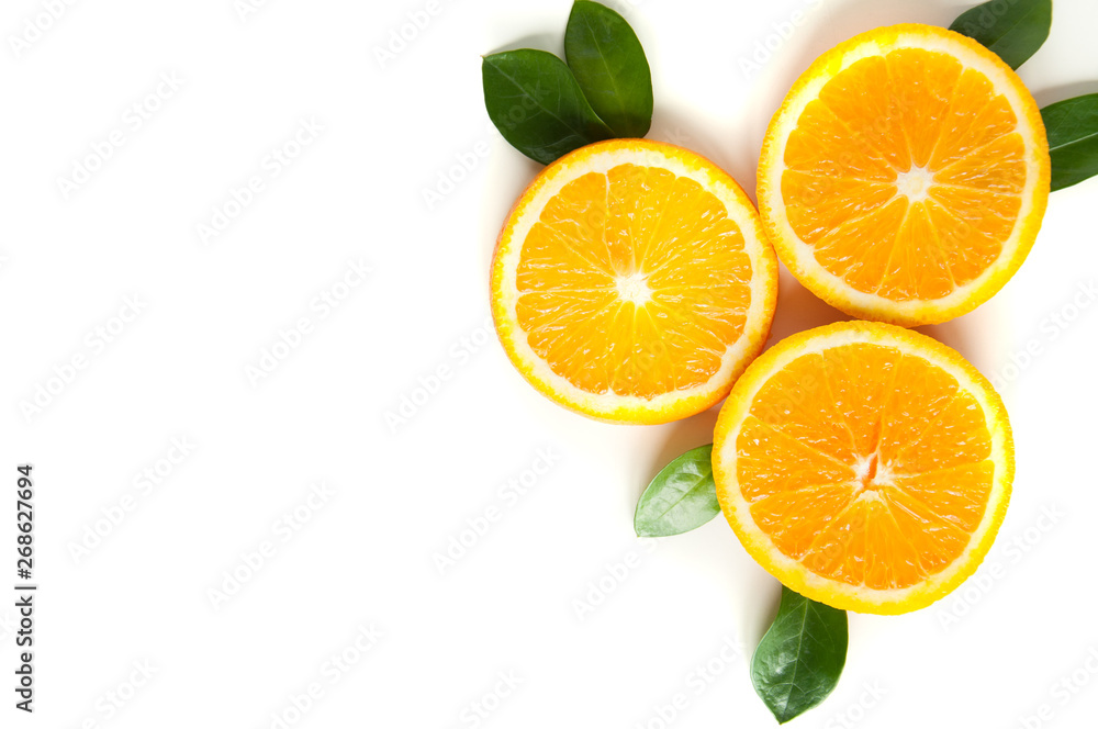 Round orange slices on a white background. Citrus tropical fruit background. Bright food. Dietary vitamin nutrition. A lot of vitamin C.
