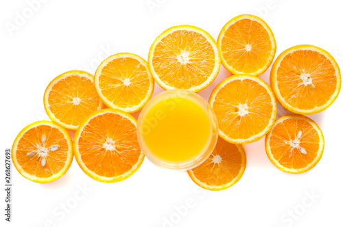 Round orange slices on a white background. Citrus tropical fruit background. Bright food. Dietary vitamin nutrition. A lot of vitamin C.