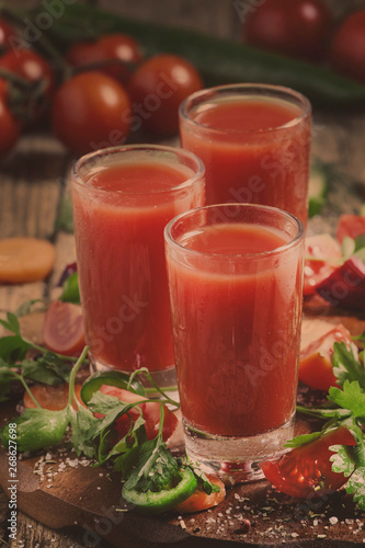Diet vegetable and tomato juice, fresh food and drinks, selective focus