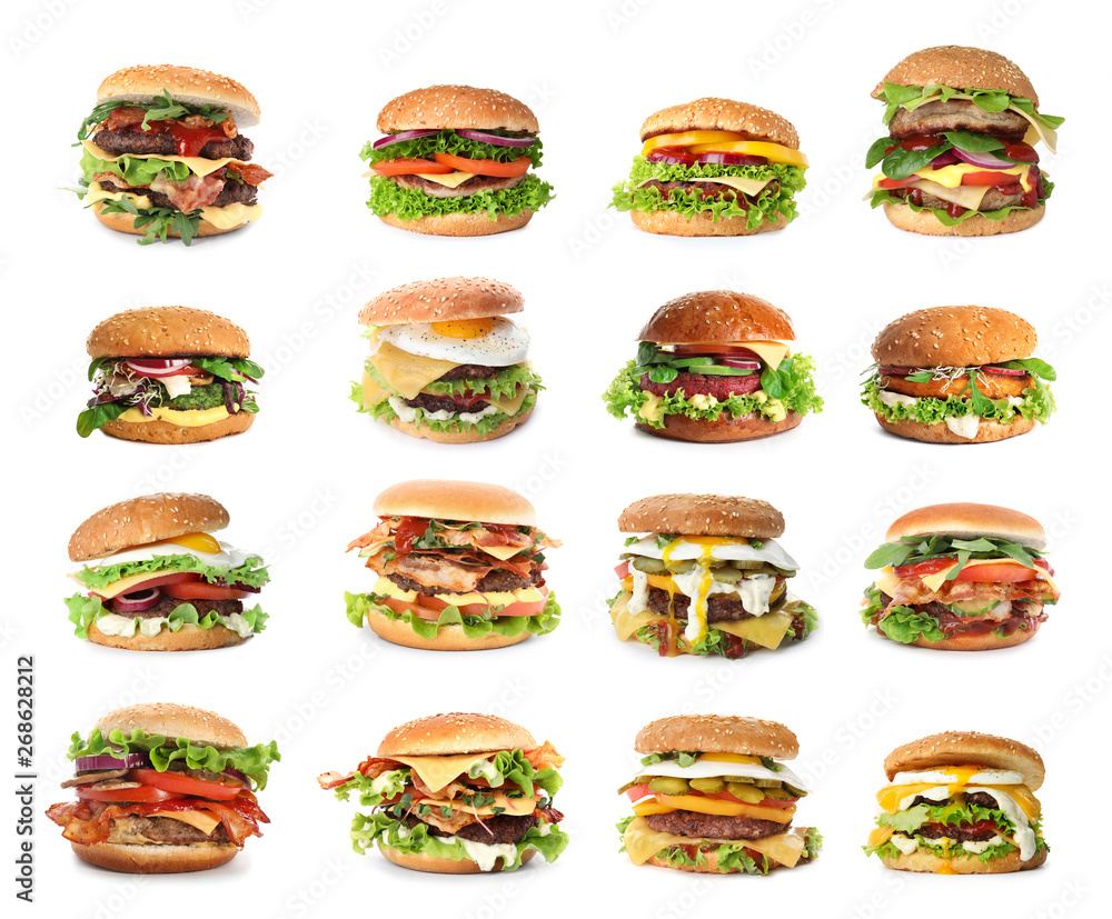 Set of delicious burgers on white background Set of delicious burgers on white background