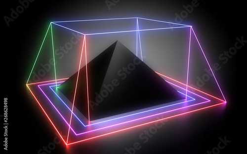 3D abstract geometric background with neon lights. 3d illustration photo