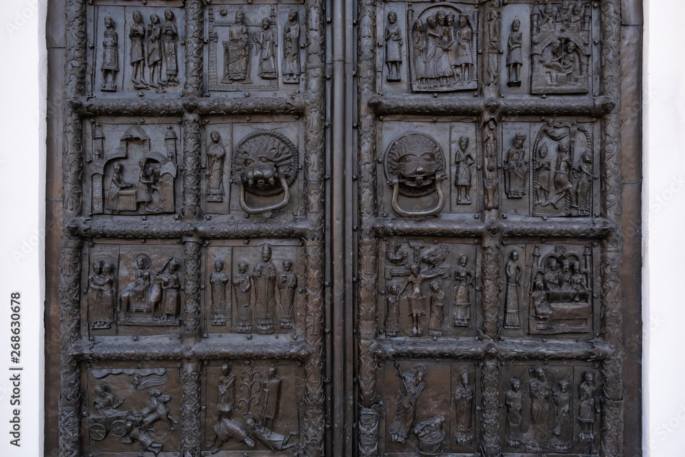 Close-up of theancient bronze Magdeburg Gates (1153) of Saint Sophia Cathedral in Veliky Novgorod Close-up of theancient bronze Magdeburg Gates (1153) of Saint Sophia Cathedral in Veliky Novgorod
