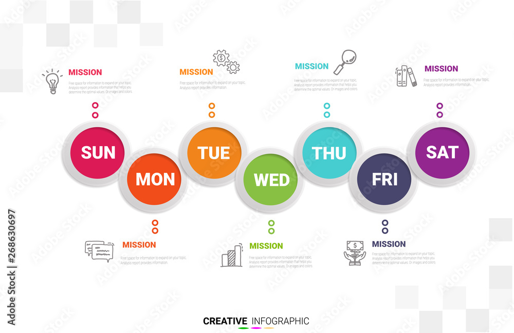 Timeline business for 7 day, 7 options, Timeline infographics design vector and Presentation business can be used for Business concept with 7steps or processes. Timeline business for 7 day, 7 options, Timeline infographics design vector and Presentation business can be used for Business concept with 7steps or processes.