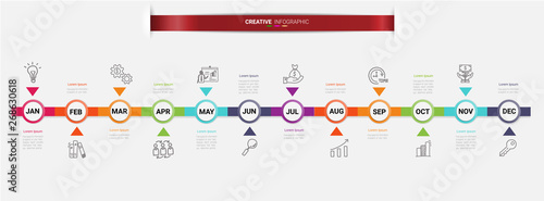 Timeline presentation for 12 months, 1 year, Timeline infographics design vector and Presentation business can be used for Business concept with 12 options, steps or processes. 