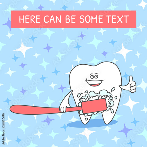 Cartoon tooth with a toothbrush and toothpaste. Smiling tooth. Dental illustration on seamless pattern with sparkles.