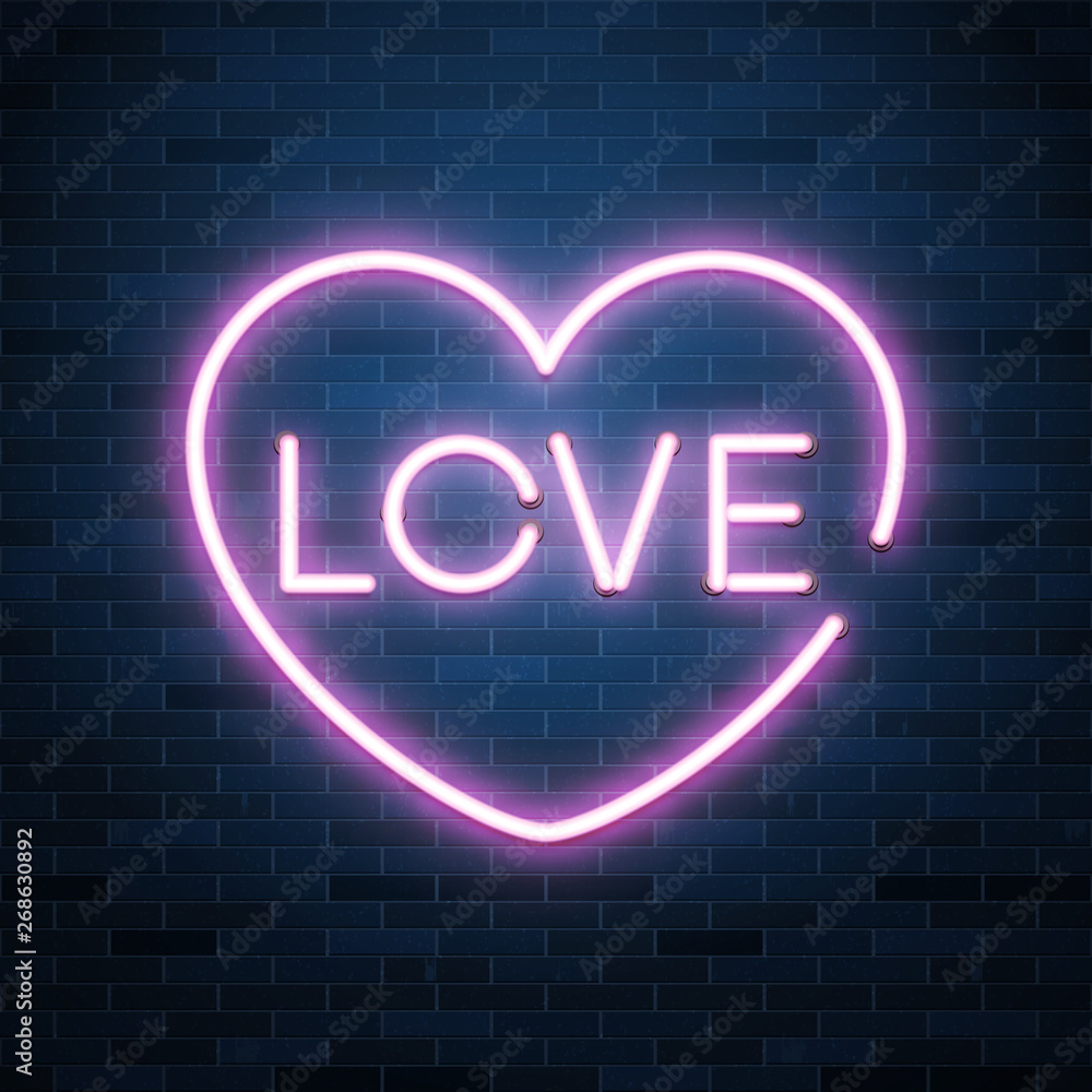 Love shiny neon text composition in heart shape, vector illustration