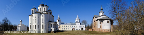 Yaroslav's Court in Veliky Novgorod. Nikolo-Dvorishchensky Cathedral, an important historical tourist site of Russia.