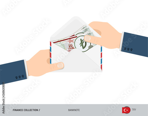 20 Turkish Lira Banknotes in envelope hold in hand. Flat style opened white envelope with cash. Salary payout or corruption concept.