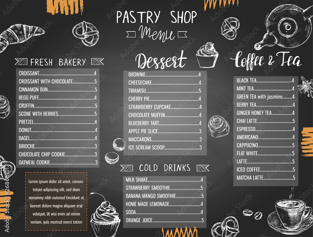 Obraz premium Dessert shop or bakery menu template with hand drawn pastries