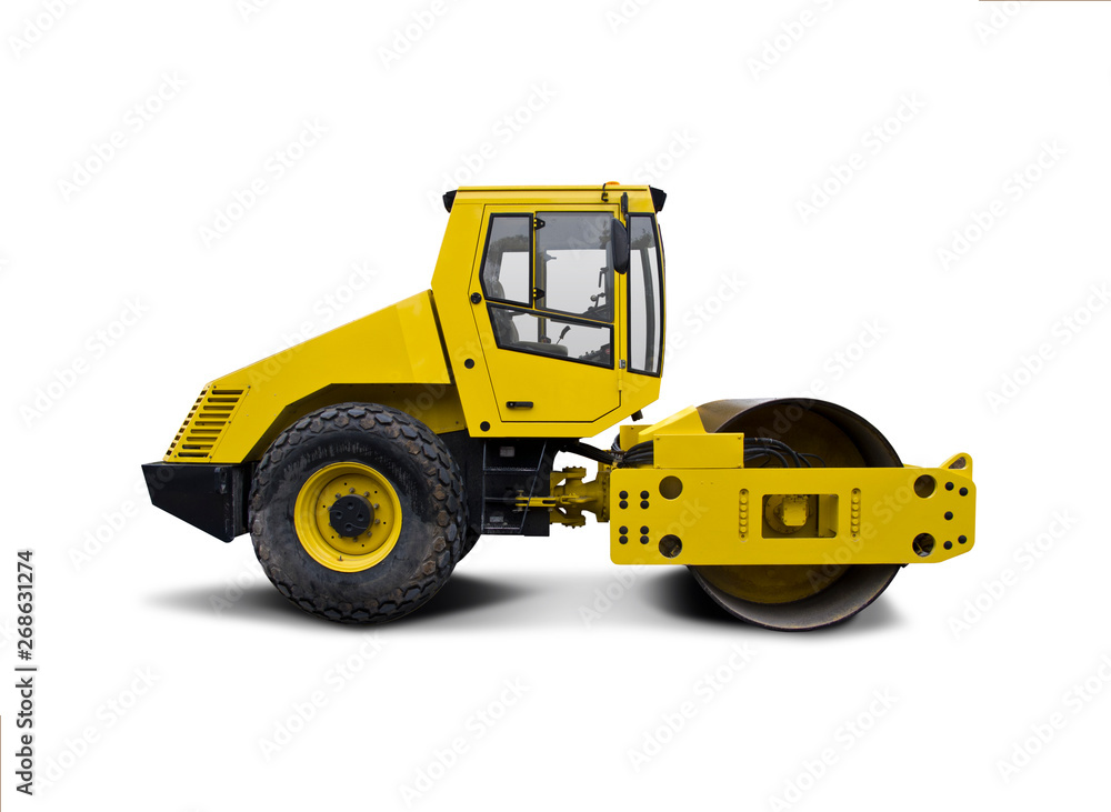 Yellow road roller side view isolated on white Yellow road roller side view isolated on white
