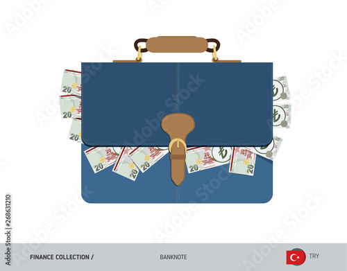 Leather briefcase with 20 Turkish Lira Banknotes. Flat style vector illustration. Salary payout or corruption concept.