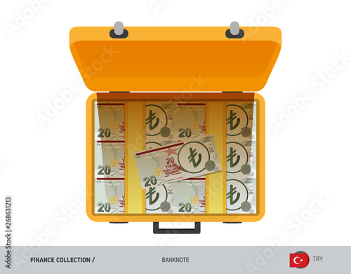 Yellow case with 20 Turkish Lira Banknotes. Flat style vector illustration. Salary payout or corruption concept.