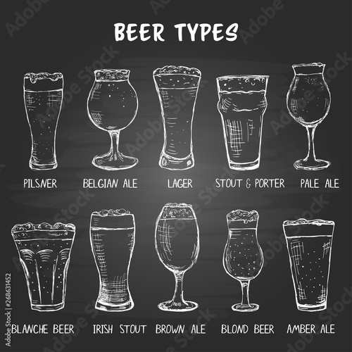 Set of hand drawn beer glasses types on the blackboard