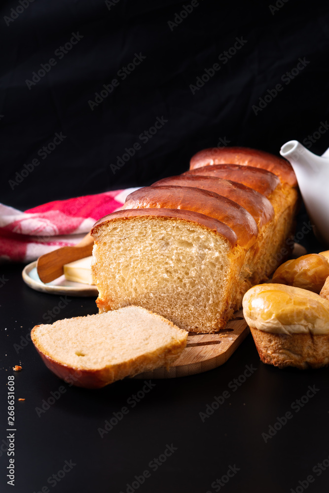 Food bakery concept Fresh baked homemade hokkaido Bread loaf with copy space.