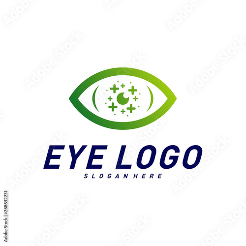 Eyes with Icons Health logo Design concept Vector. Health eye logo Template. Icon symbol.