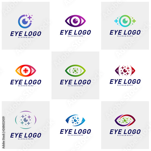 Set of Eyes with Icons Health logo Design concept Vector. Health eye logo Template. Icon symbol.