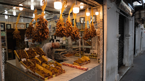 Palm dates shop in old market in Algeria
