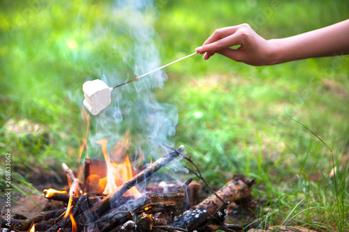 Marshmallow on skewers is fried at the stake. Toasted marshmallows open flame on skewer