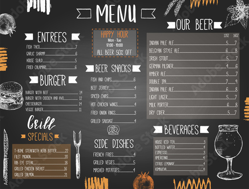 Beer pub or bar menu template with hand drawn food and beer
