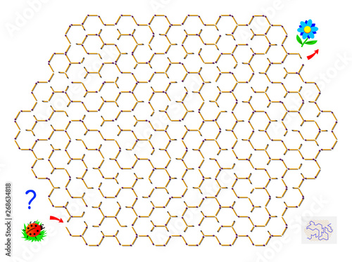 Logic puzzle game with labyrinth for children. Help the ladybird find the way between matchsticks till flower. Printable worksheet for brainteaser book. Vector cartoon image.