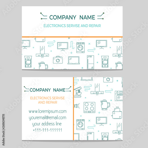 Busines card template for electronics shop or repair service with thin line icons