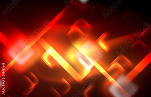 Neon glowing techno lines, hi-tech futuristic abstract background template with square shapes