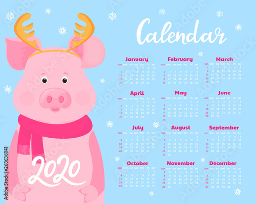 Calendar for 2020. Week start on Sunday. Cute pig with deer horns and in a scarf. Funny animal.