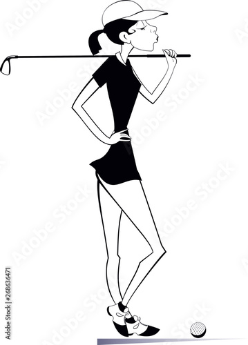 Young golfer woman on the golf course black on white illustration