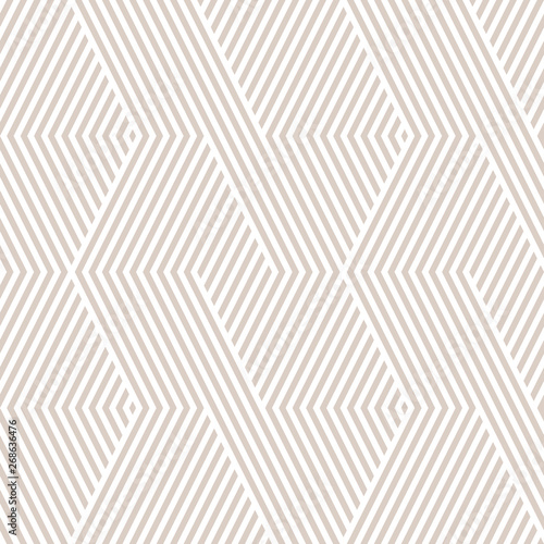Vector geometric lines pattern. White and beige abstract graphic striped ornament. Simple geometry, stripes, zigzag, chevron. Subtle modern linear background. Design for decor, prints, covers, web