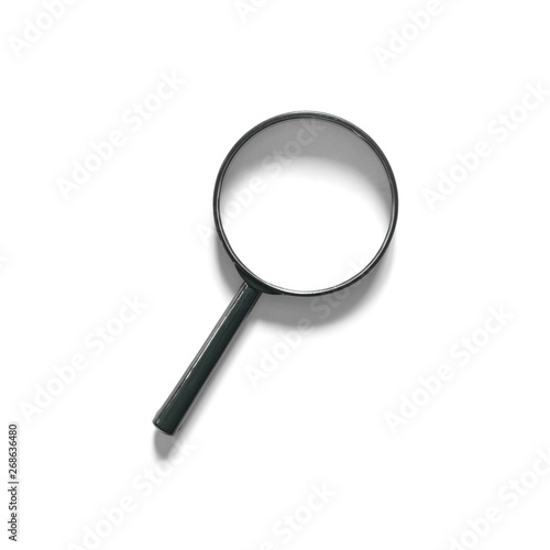 Black magnifying glass on a white background. Copy space, isolated