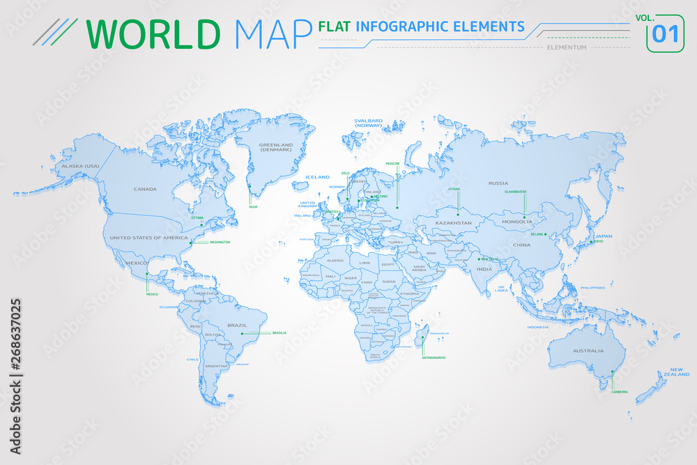 North and South America, Asia, Africa, Europe, Australia and Oceania Vector Maps